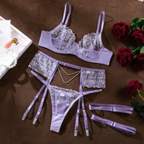 See-through Embroidery Chain Elegant Three-piece Set For Women (Option: Light Purple-S)