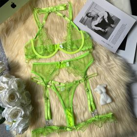 Sexy Seduction Mesh Machine Embroidery Bra Set (Option: Fluorescent Yellow-S)