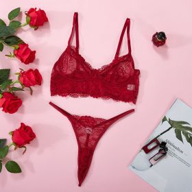 Lace Mesh See-through Sexy Lingerie Suit (Option: Wine Red-S)