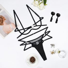 New Three-point Bra Set European And American Mesh Lingerie Three-piece Set For Women (Option: Black-S)