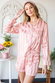 Pink Striped Print Buttoned Shirt and Drawstring Shorts Lounge Set (Color: Pink, size: M)