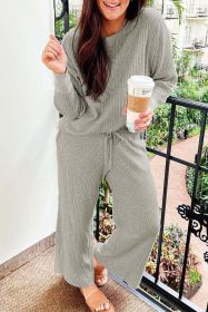 Gray Ribbed Drop Shoulder Pullover and Pants Lounge Set (Color: gray, size: L)