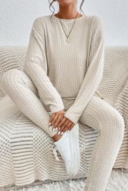 Apricot Ribbed Knit Loose Long Sleeve Top Skinny Pants Set (Color: Apricot, size: XL)