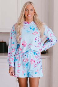 Sky Blue Leopard Print Hoodie and Shorts Set (Color: Sky Blue, size: L)